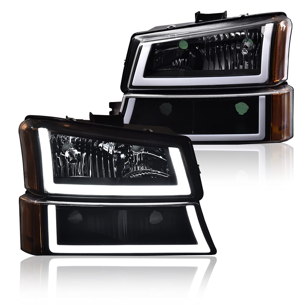G-Plus Led Drl Headlights, Compatible With Chevy Silverado Avalanche 2003 2004 2005 2006, Clear Lens Black Housing Amber Reflect
