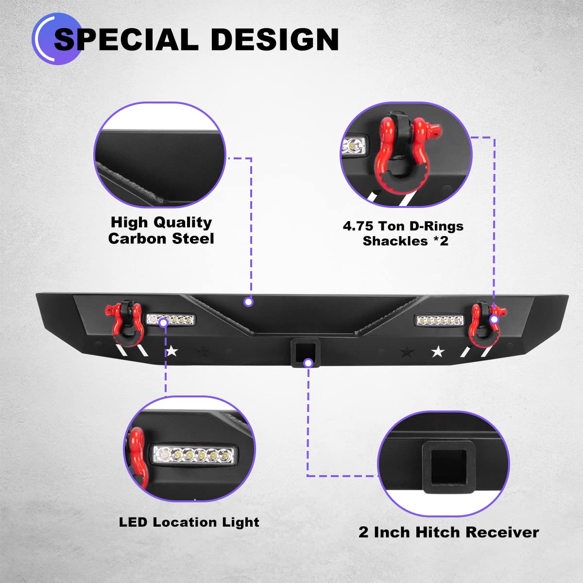 Wolfstorm Rear Bumper Compatible With 2018 2019 2020 2021 2022 2023 Jeep Wrangler Jl 2-Doors & 4-Doors, Full Width Jl Rear Bumper W/ 2 Led Lights, 2 D-Ring Shackles, Tow Hook & 2'' Hitch Receiver