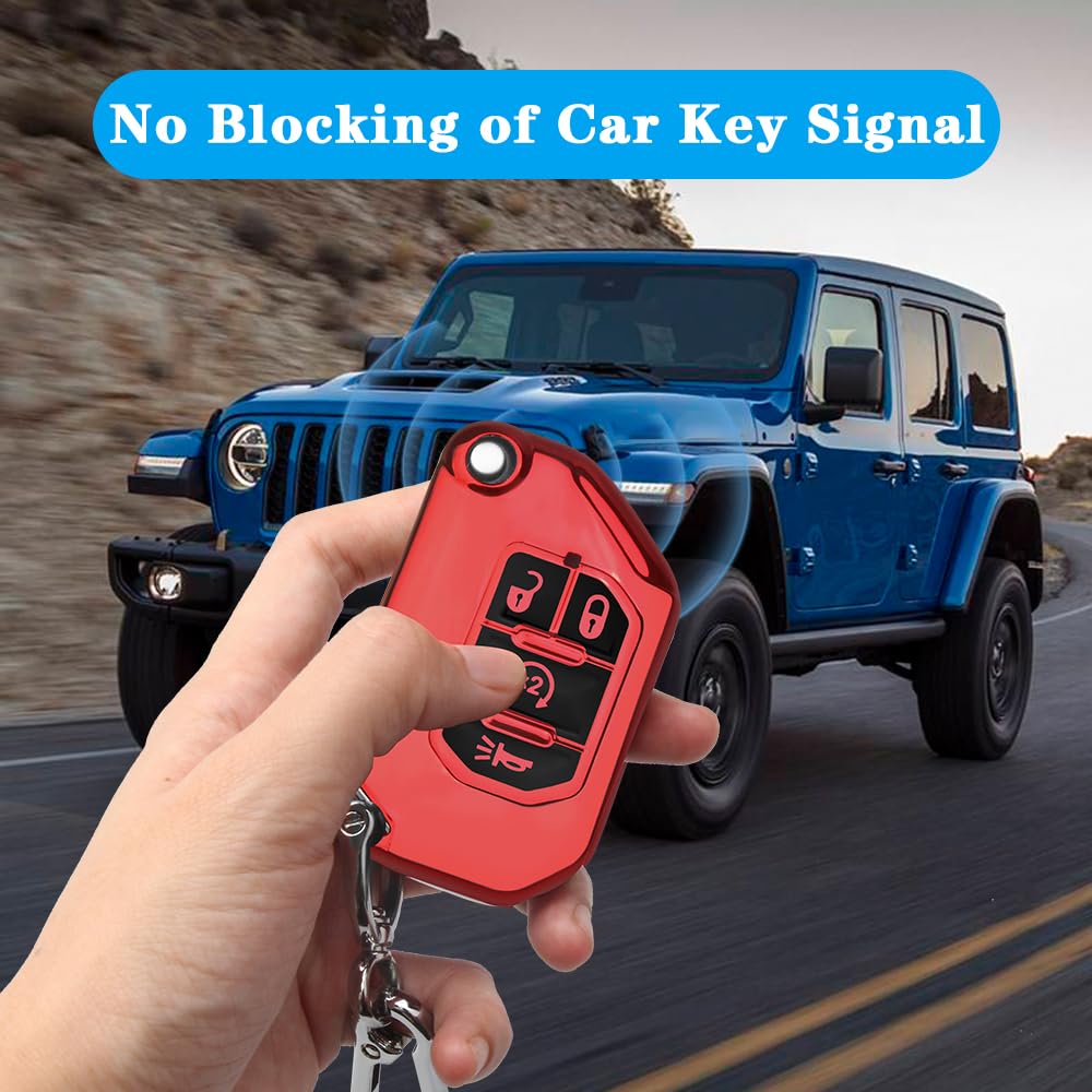QBUC Jeep Key Fob Cover With Keychain - Flip Key Case Protector for 2018-2024 Wrangler JLU JL, 2020-2023 Gladiator Rubicon JT (R