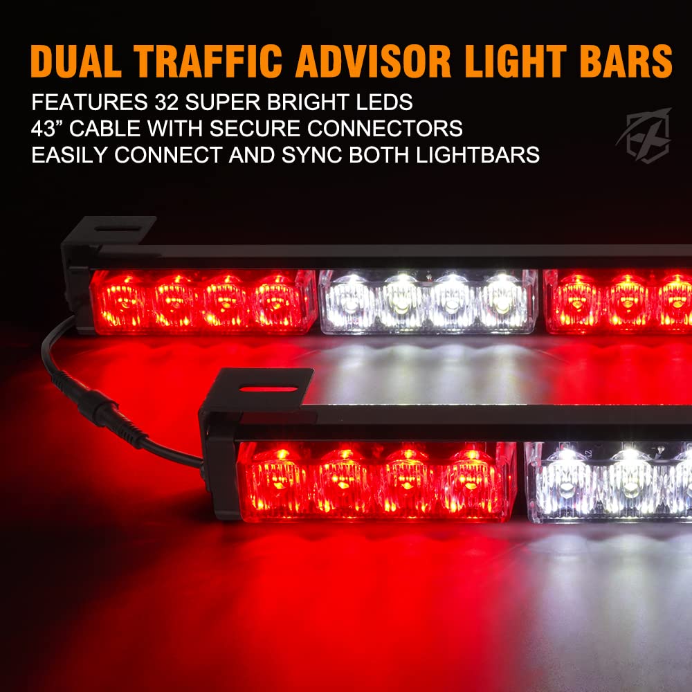 Xprite Led Emergency Traffic Advisor Strobe Dual Light Bar, Interior Windshield Deck Visor Safety Hazard Warning Flashing Lightbars W/Control Box, For Ambulance Volunteer Vehicle Trucks White&Red