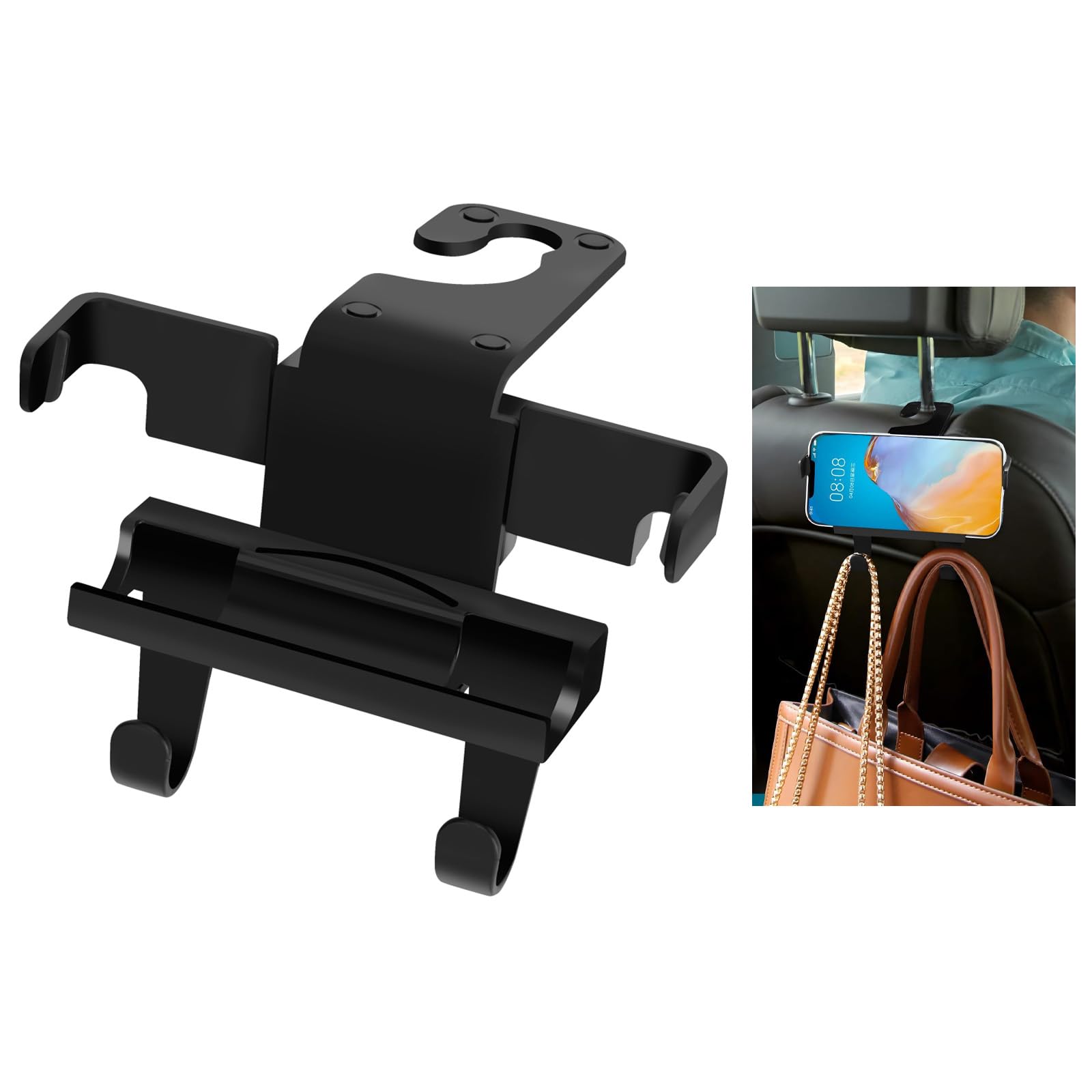 SunlightXS Upgraded Car Headrest Hidden Hook 2 in 1 Car Seat Hooks with Phone Holder for Purse, Hangers Vehicle Organizer ,Durab