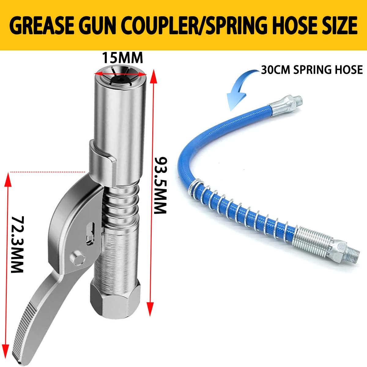 Aorrzer Grease Gun Coupler, Strong Lock On Greases Gun Couplers, 12000 Psi Quick Release Grease Coupler With 12 Spring Flex Hose, Compatible With All Grease Guns 1/8 Npt Grease Gun Fitting(1 Pcs)