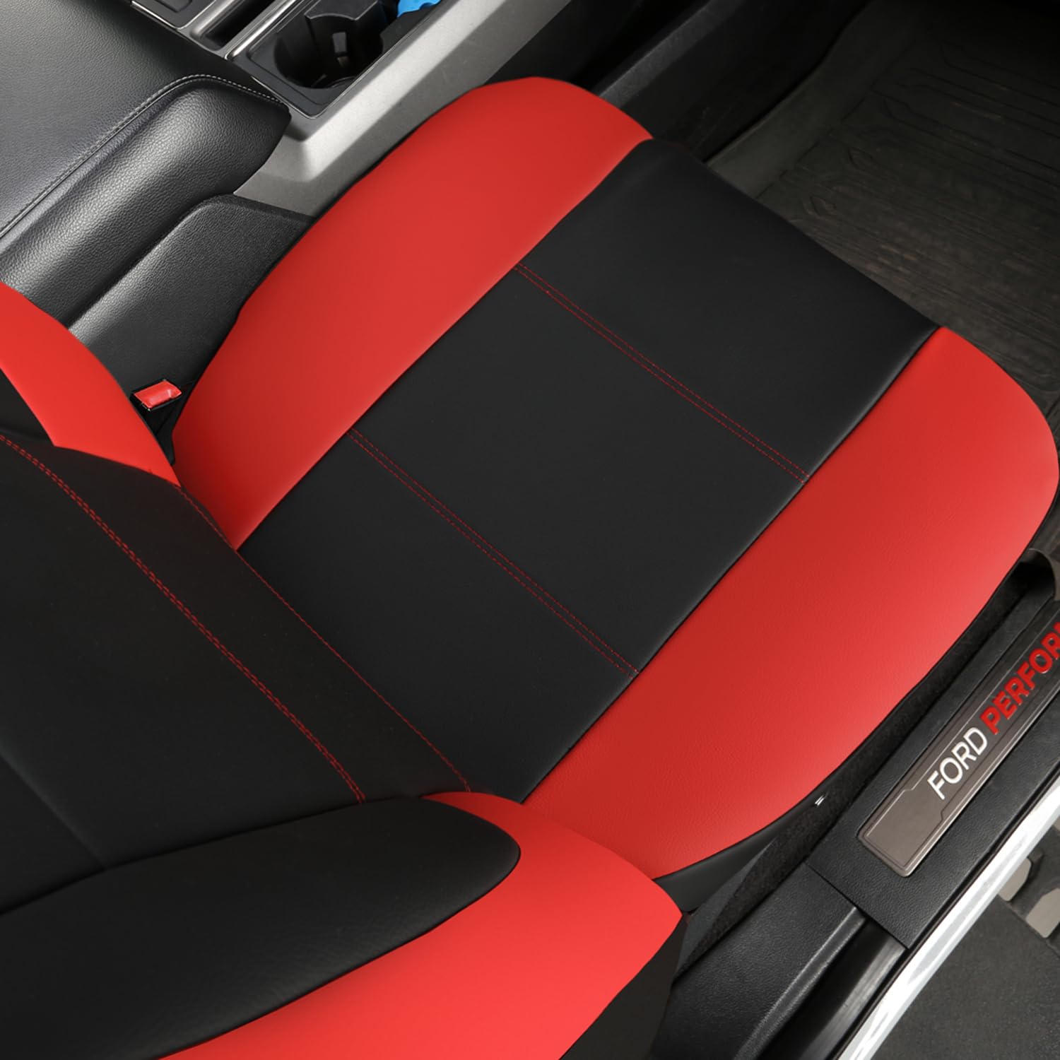 Giant Panda Front Car Seat Cover For Ford F150, Leather Bucket Seat Covers Custom Fit Ford F250 F350 (Red+Black) 2-Pack