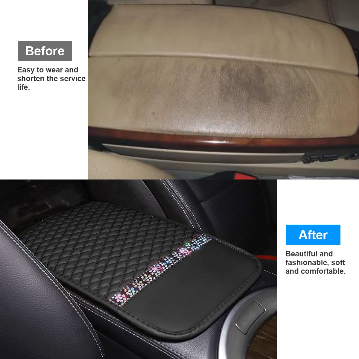 Bling Leather Car Center Console Cover, Car Center Console Protector With Glossy Crystal Rhinestone, Universal Waterproof Car Armrest Seat Box Cover For Most Car, Vehicles, Suvs, Trucks (Black)