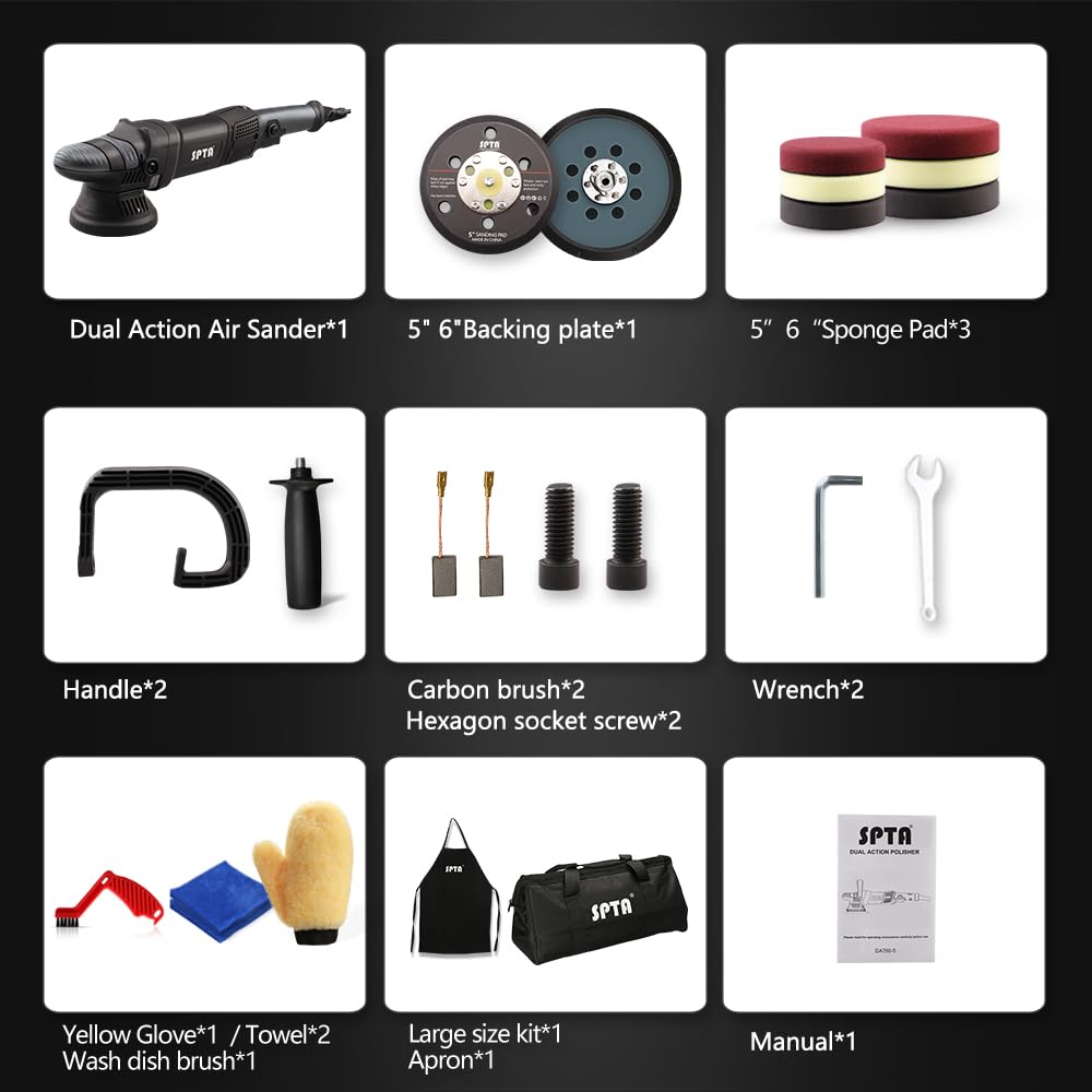 Buffer Polisher, SPTA 5-Inch 125mm Dual Action Random Orbital Car Polisher,Car Detailing Kit, 4Pcs 5inch & 4Pcs 6Inch Polishing