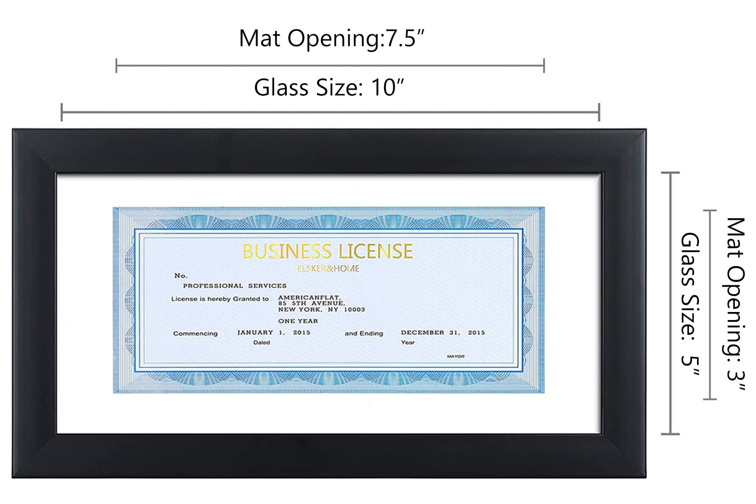 ELSKER&HOME 5x10 Business License Frame Black for 3.5x8 Standard Business License with mat - 5x10 frame without mat for Panorami