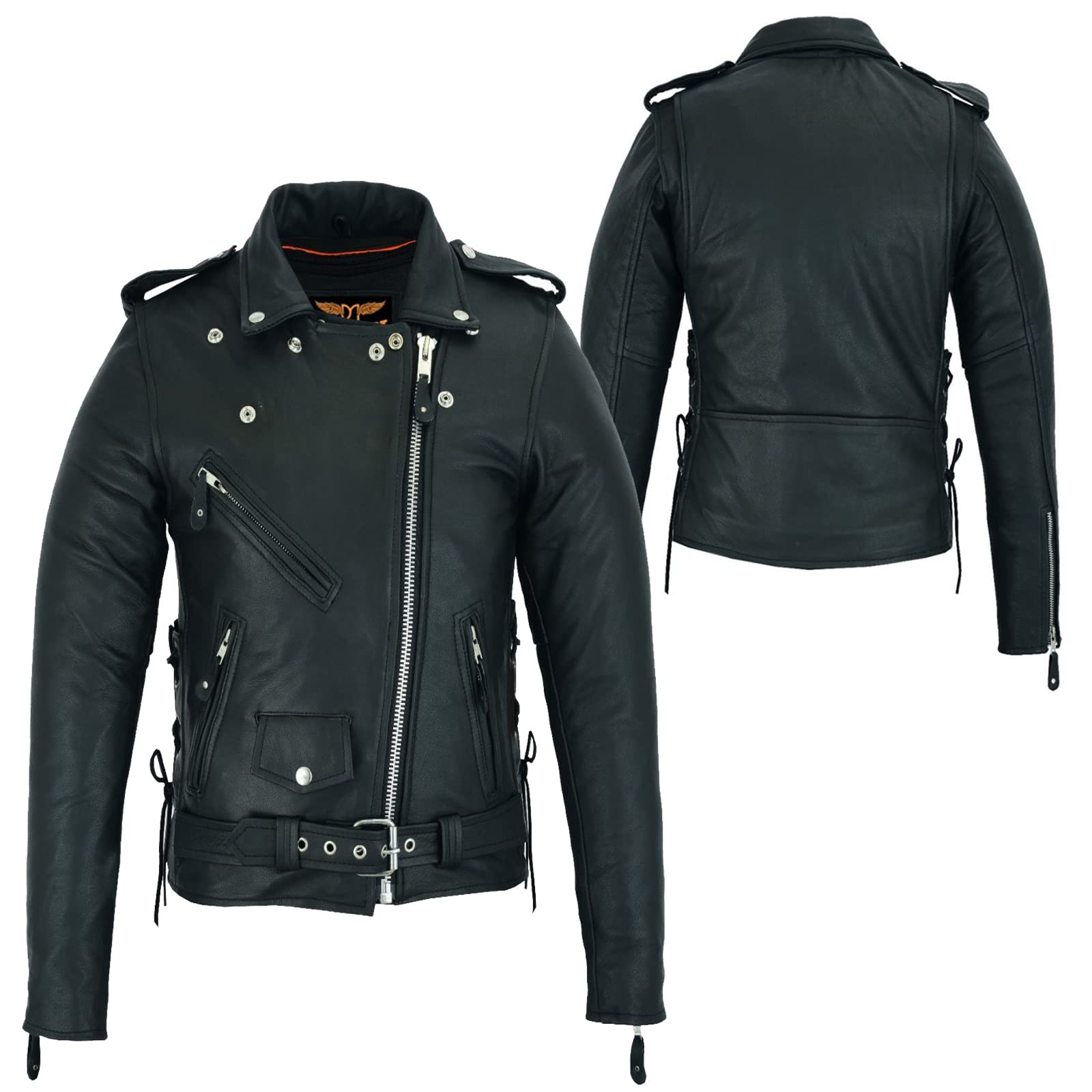 Dream Apparel Women’S Classic Leather Motorcycle Jacket With Zip Out Lining, Biker Jacket For Ladies With Side Laces (Black, Size Xl)
