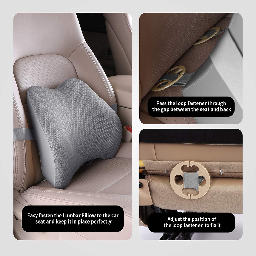Tishijie Memory Foam Lumbar Support Pillow For Car - Back Support For Car Seat (Gray)