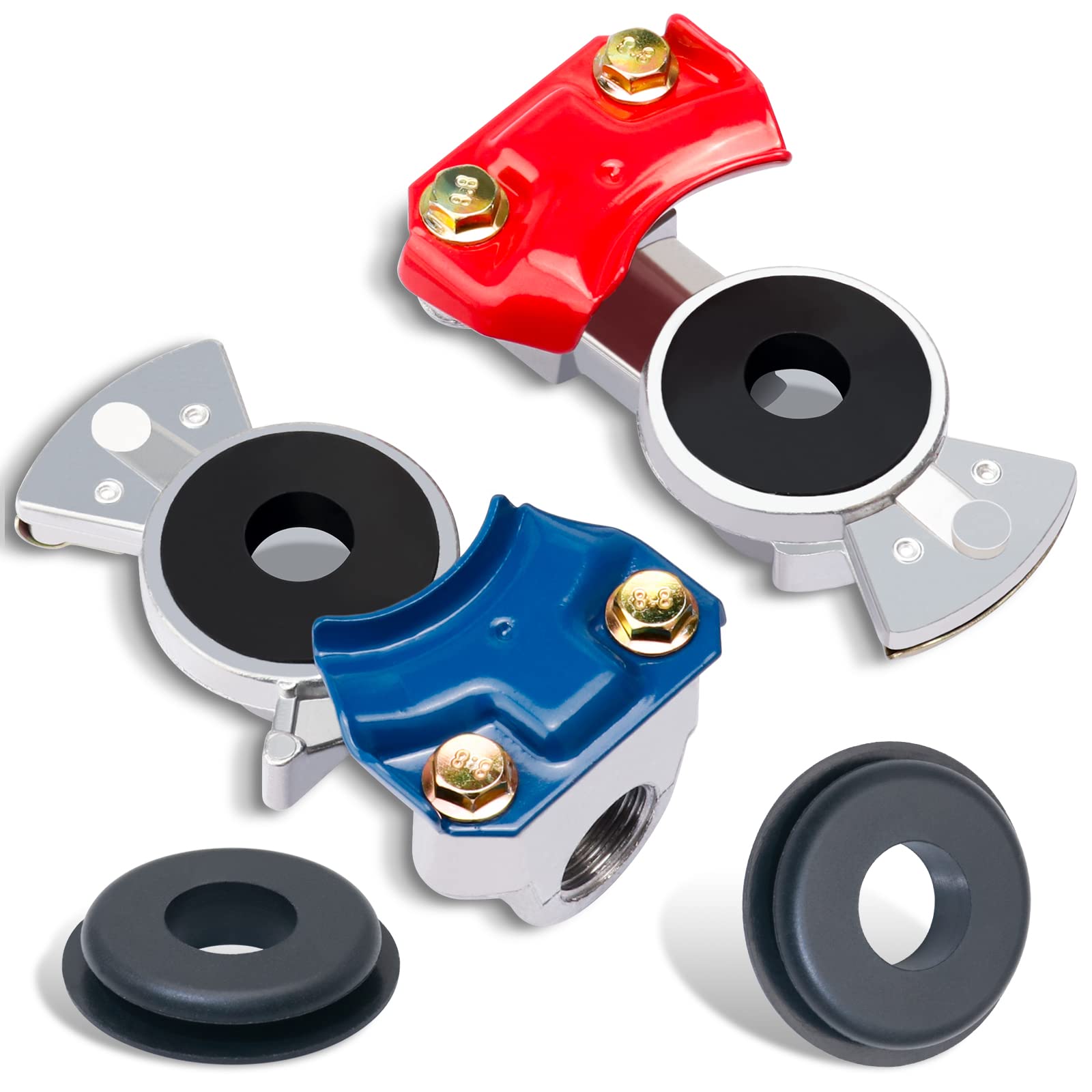 Kootans 1 Pair Aluminum Glad Hands With Glad Hand Seals Universal Red Blue Emergency & Service Gladhand Kit For Semi Truck Trail