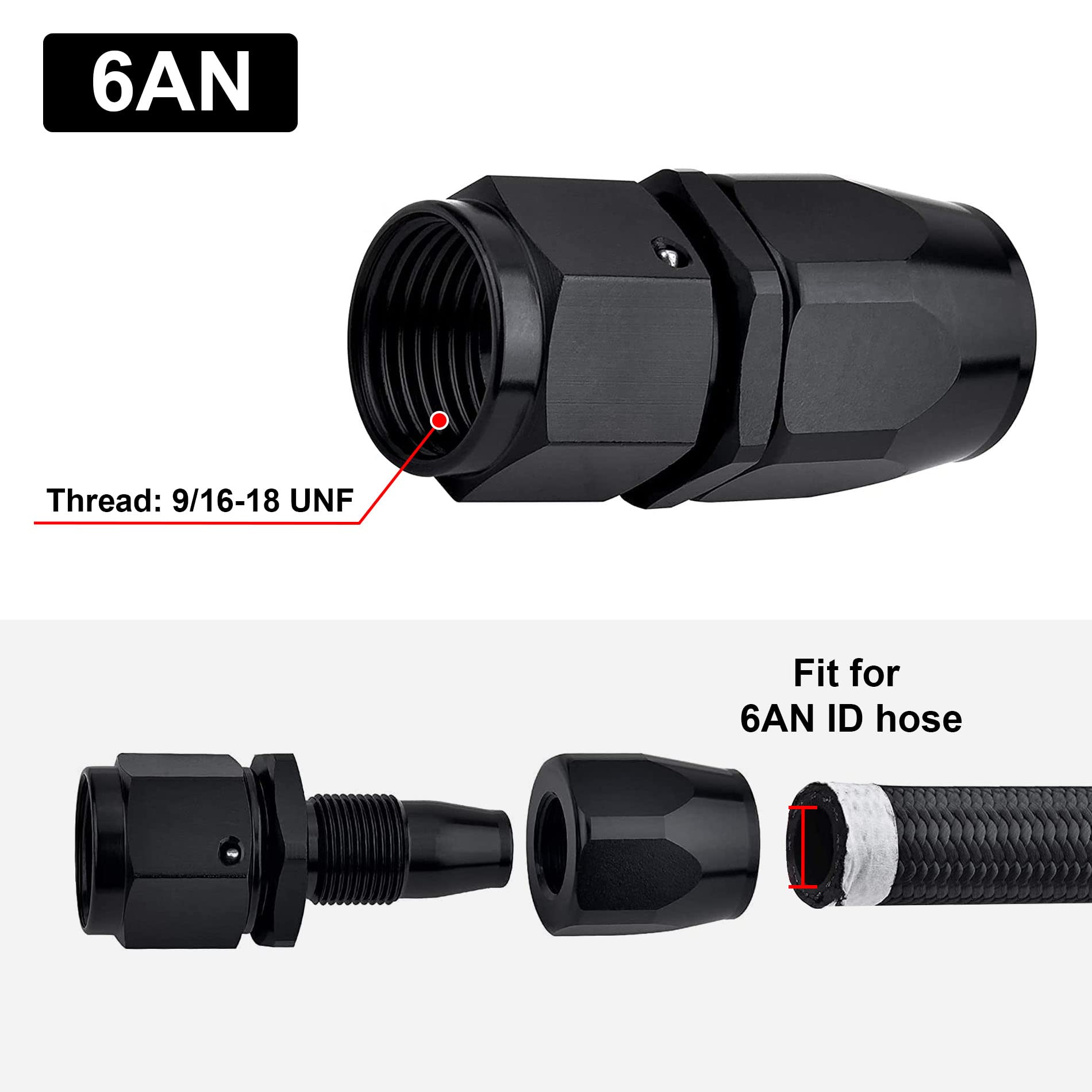Evil Energy 6An Hose End Fitting Straight Swivel For Cpe Braided Hose Black 2Pcs