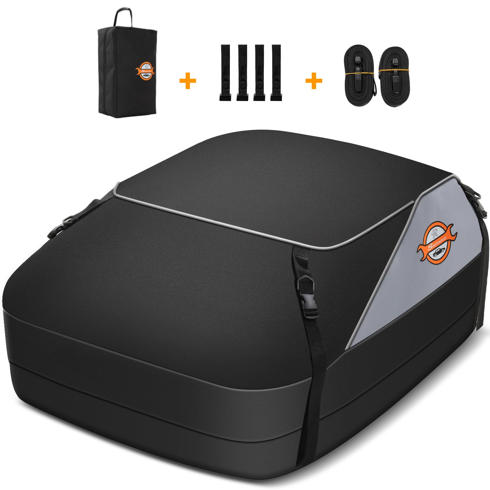 Sailnovo Car Rooftop Cargo Carrier Roof Bag Waterproof 15 Cubic Feet For Top Of Vehicle With/Without Rack Car Top Carrier With 4*Door Hooks, Reinforced Straps & Storage Bag 1000D