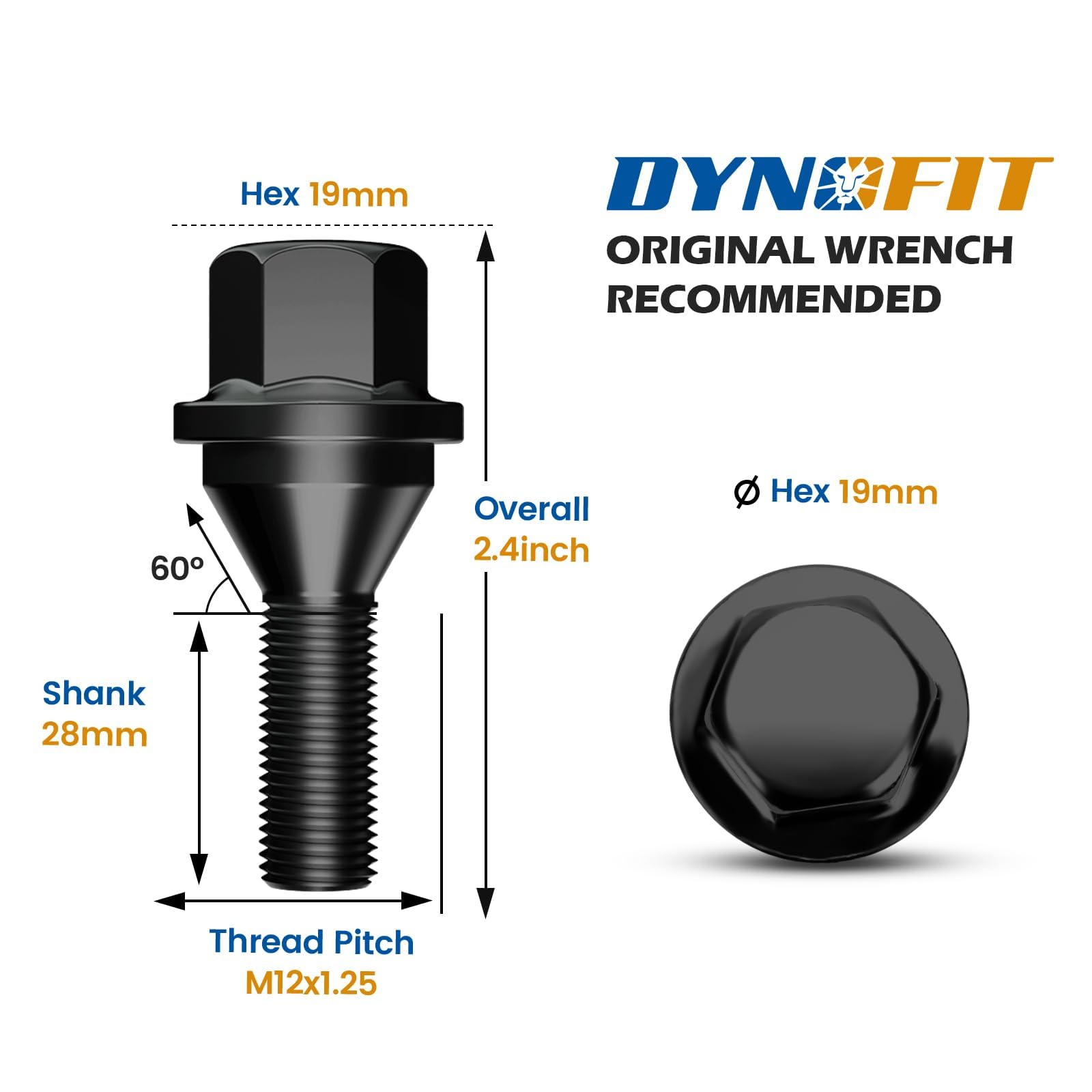 dynofit 12x1.25 OEM/Stock Wheel Lug Bolts, 20pcs ET 19mm Hex 28mm Shank for 2018-2024 Je-ep Compass 2014-2013 Cherokee 2015-2017