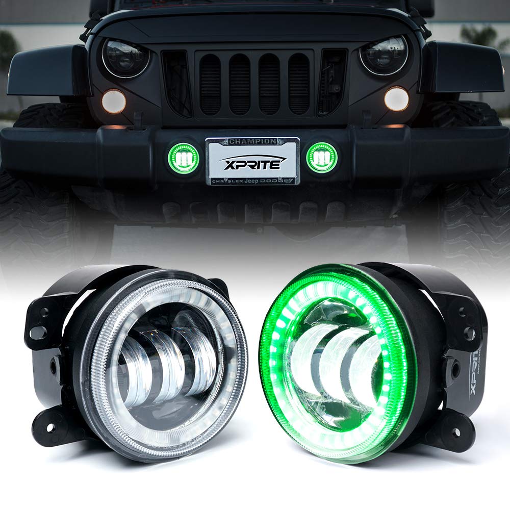 Xprite Fog Lights W/Green Halo Ring Angle Eye Drl, 4 Inch Foglights Compatible With 07-18 Jeep Wrangler Jk, 60W Led Front Bumper