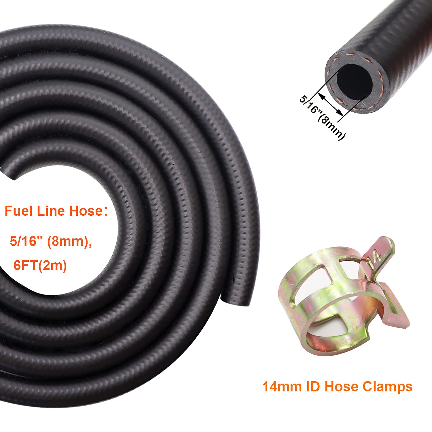 Taiss Id Fuel Line Kit, 5/16" (8Mm), 6-Foot (2M) Fuel Line Hose + 10Pcs 14Mm Id Hose Clamps. Suitable For Small Engines: Tractors, Mowing Machine, Snow Machine, Etc.