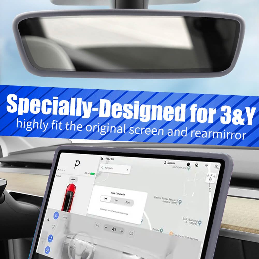 Yeapop 2Pcs Silicone Protector Frames of Screen and Rear View Mirror for Tesla Model 3 2017-2023 and Model Y 2019-Feb.2025. (Gra