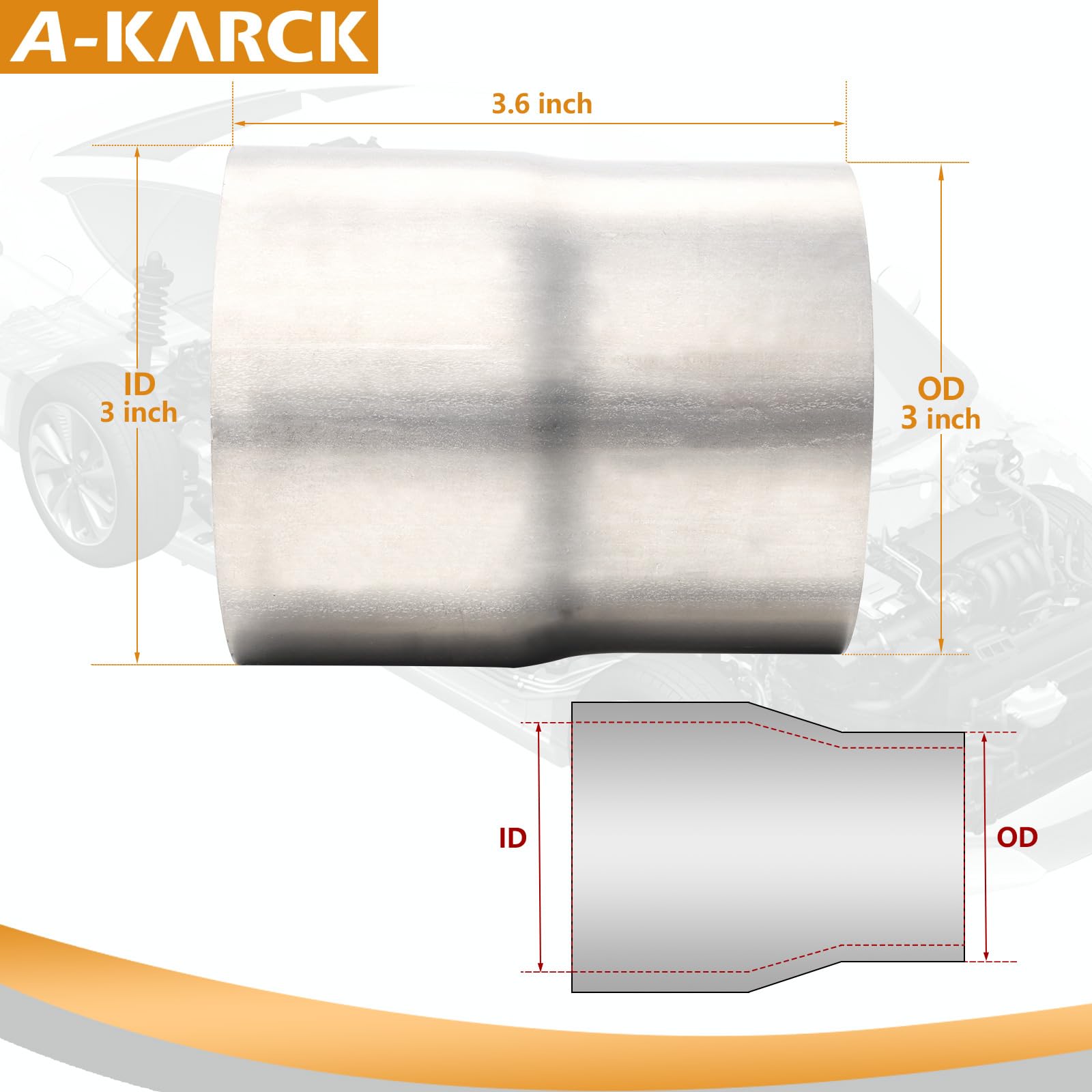 A-KARCK Stainless Steel Exhaust Adapter 3'' ID to 3'' OD, Exhaust Pipe Reducer 3.6'' Overall Length