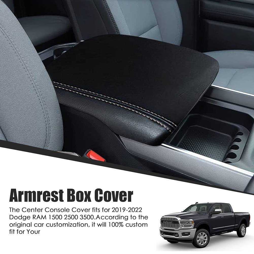 Sportuli Center Console Cover Anti-Scratch Leather Armrest Pad Replace For 2019-2022 2023 Dodge Ram 1500 2500 3500, For All Makes & Models With Bucket Seats (Black Stitches)