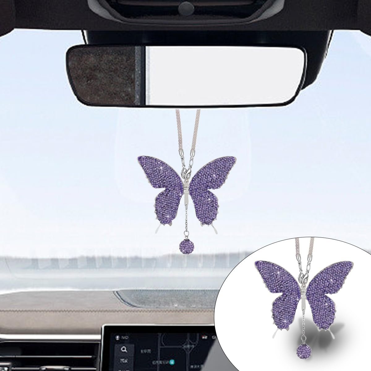 Bling Butterfly Diamond Car Hanging Accessories, Crystal Butterfly Rear View Mirror Luck Car Decoration Accessories For Women, V