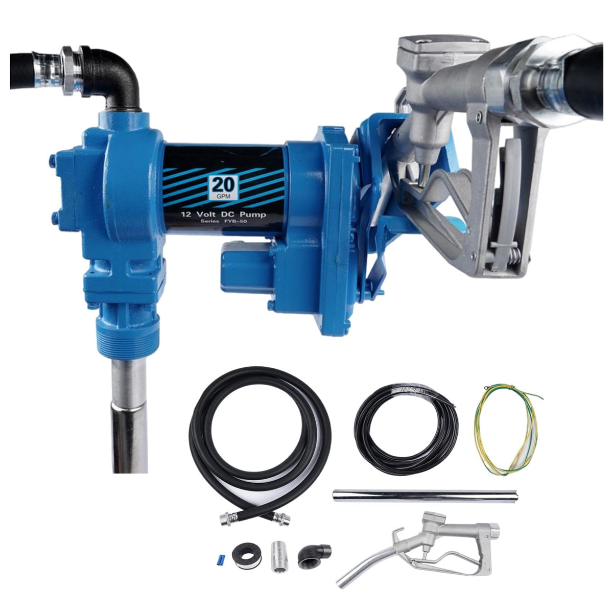 20GPM 12V Blue Fuel Transfer Pump 50amp Fuse with Discharge Hose & Manual Nozzle for Transfer of Gasoline, Diesel, Kerosene, Eth