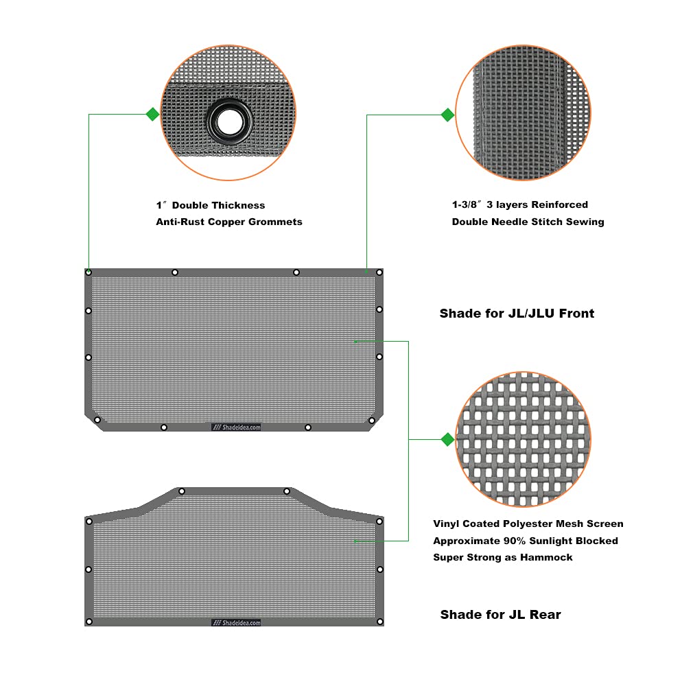 Shadeidea Jl Sun Shade Top For Jeep Wrangler 2 Door Top Sunshade (2018-2023), Front & Rear - Gray Mesh Screen Wrangler Cover, Uv