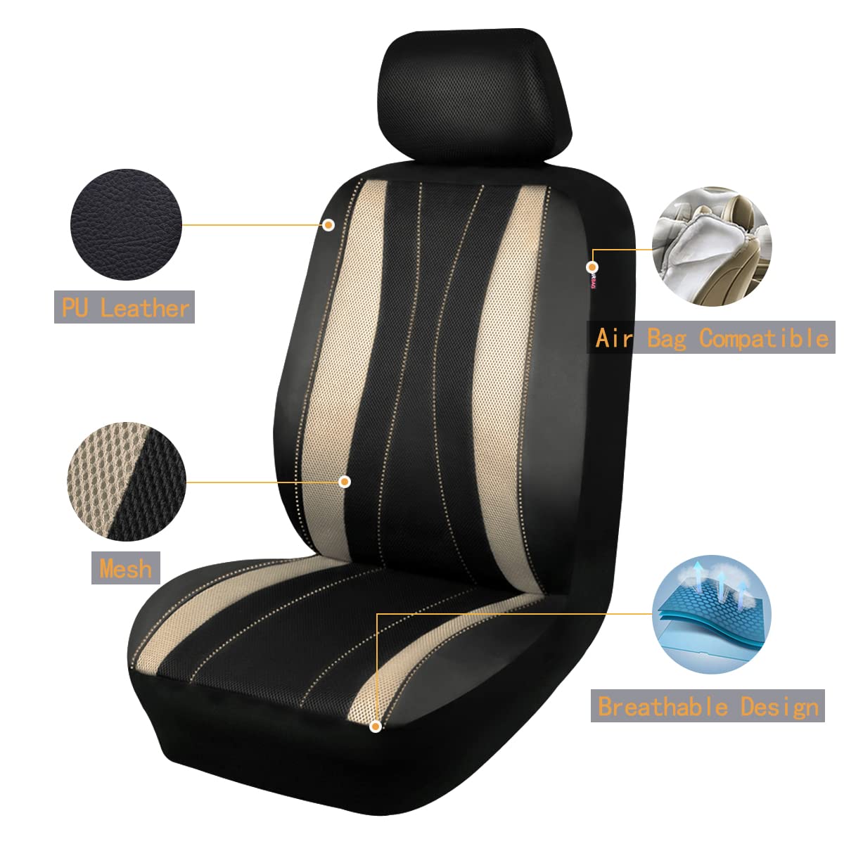 Flying Banner car seat Covers Set airmesh Breathable Fashion Easy Bench Split Protectors Sport Fashion (Black Beige, Full Set -