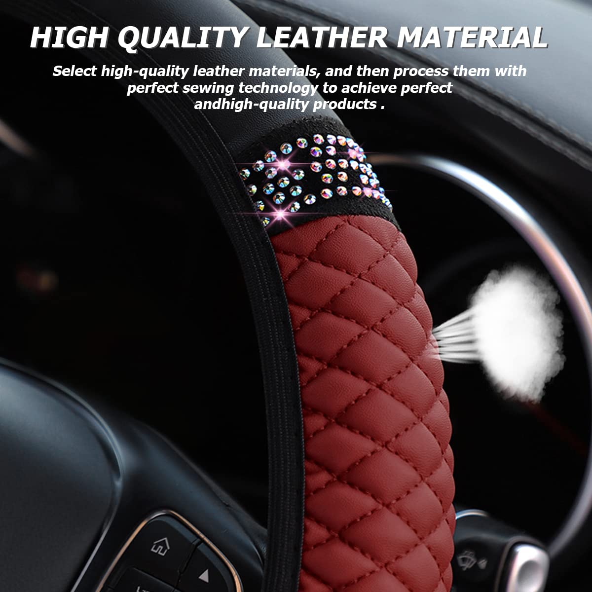 Aukepo Bling Leather Steering Wheel Cover Protector, Elastic Pu Leather With Colorful Rhinestones Crystal Diamond, Sparkling Acc