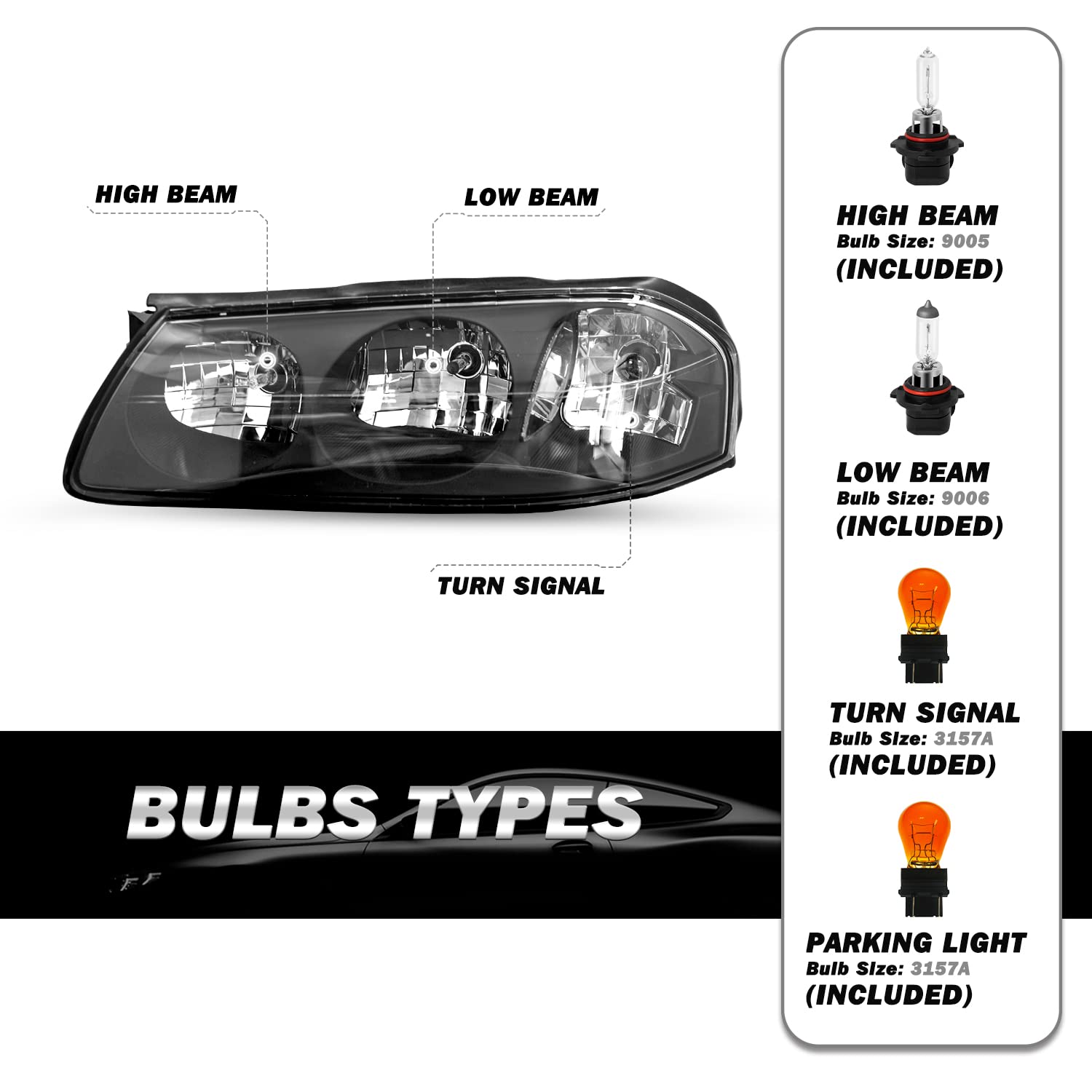 Sockir Headlight Assembly With Bulbs Included Compatible With 2000-2005 Chevy Impala, Black Housing & Amber Reflector