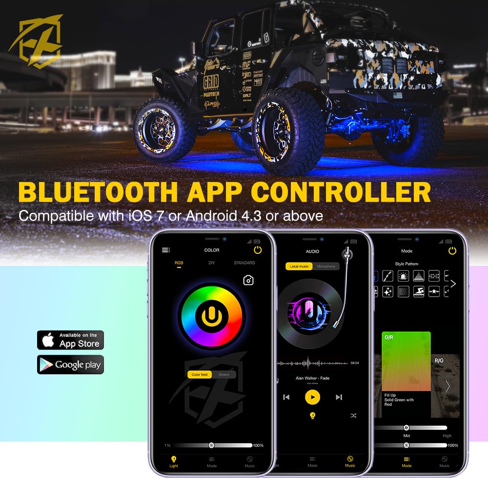 Xprite Rgbw Led Rock Lights Kit With Bluetooth & Wireless Remote Controller, Multicolor Cars Underglow, Wheel, Footwell Neon Lig