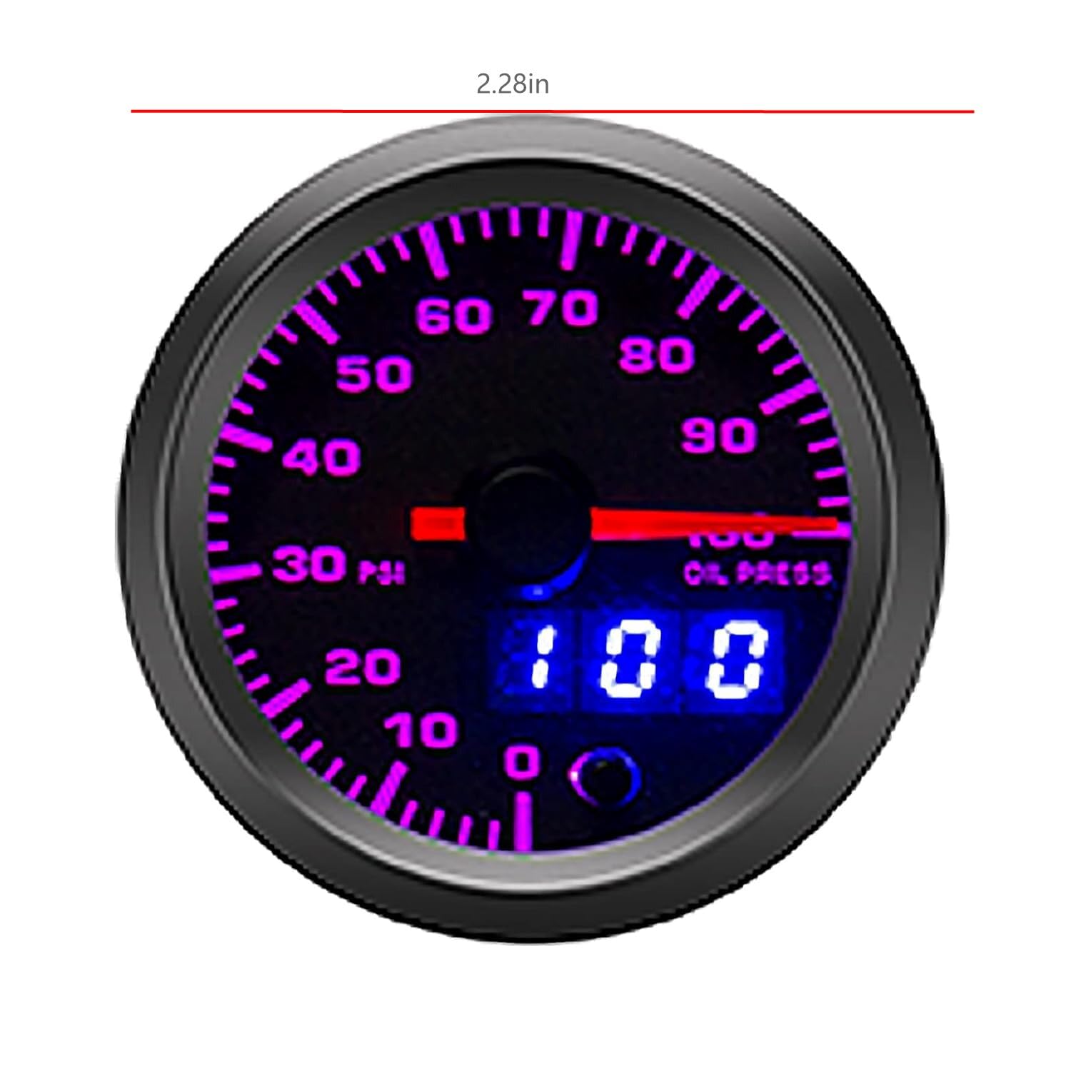 2-1/16'' 52mm Oil Pressure Gauge Kit 7 Color 0 to 100 PSI Pointer & LED Digital Readouts Black Dial - Clear Lens Fit for 12V Car