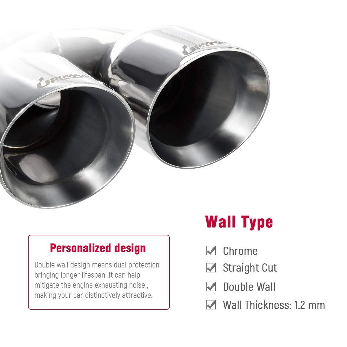 Upower 2.5' To 3.5' Dual Exhaust Tip 2 1/2 Inch Inlet 3 1/2 Inch Outlet 9.5' Length Polished 304 Stainless Exhaust Tailpipe Tips 1.2Mm Thickness Double Wall Slant Edge For Car Truck