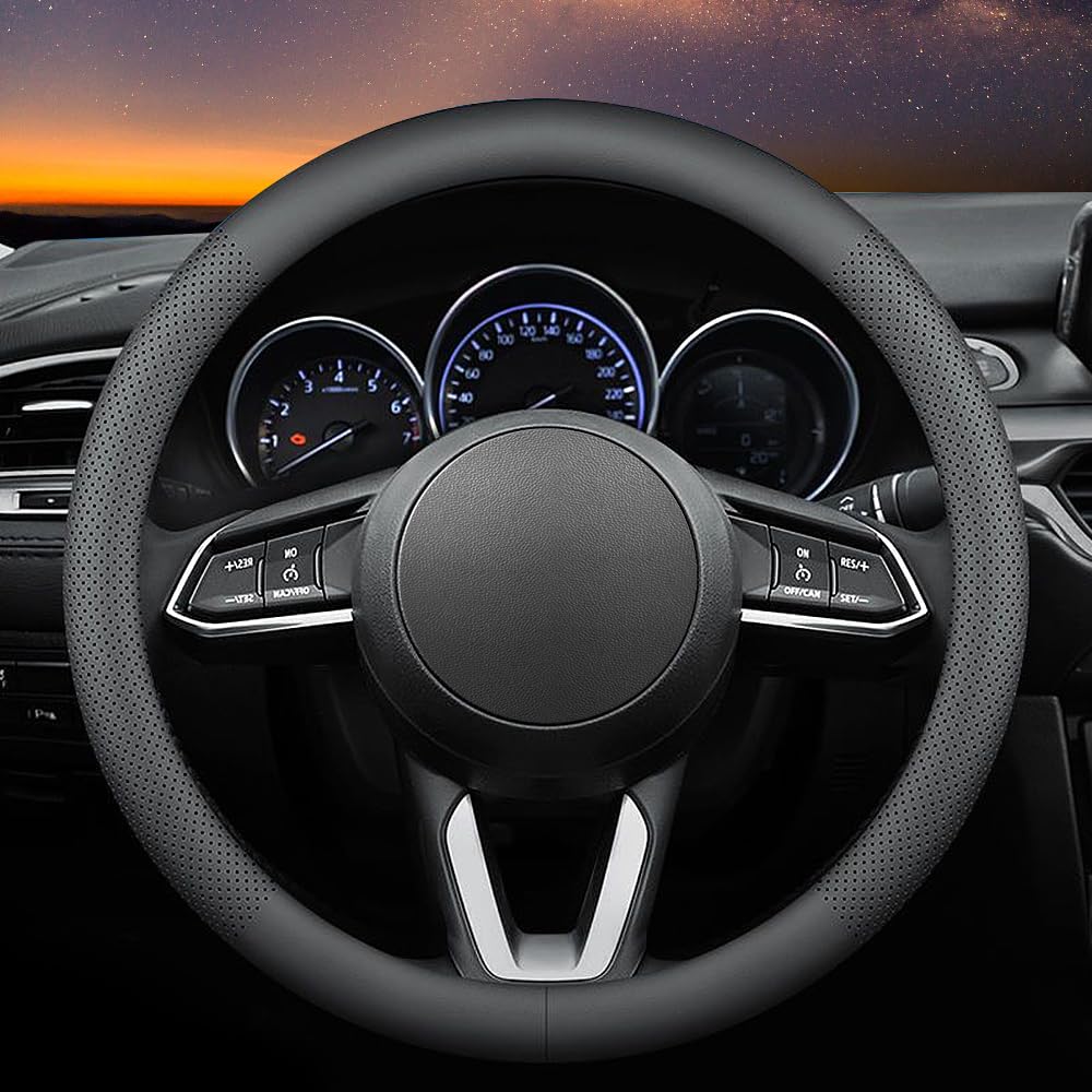 Carodi Leather Car Steering Wheel Cover, Ultra-Thin, Comfortable, Non-Slip, Breathable, Universal 15 Inches (Black)