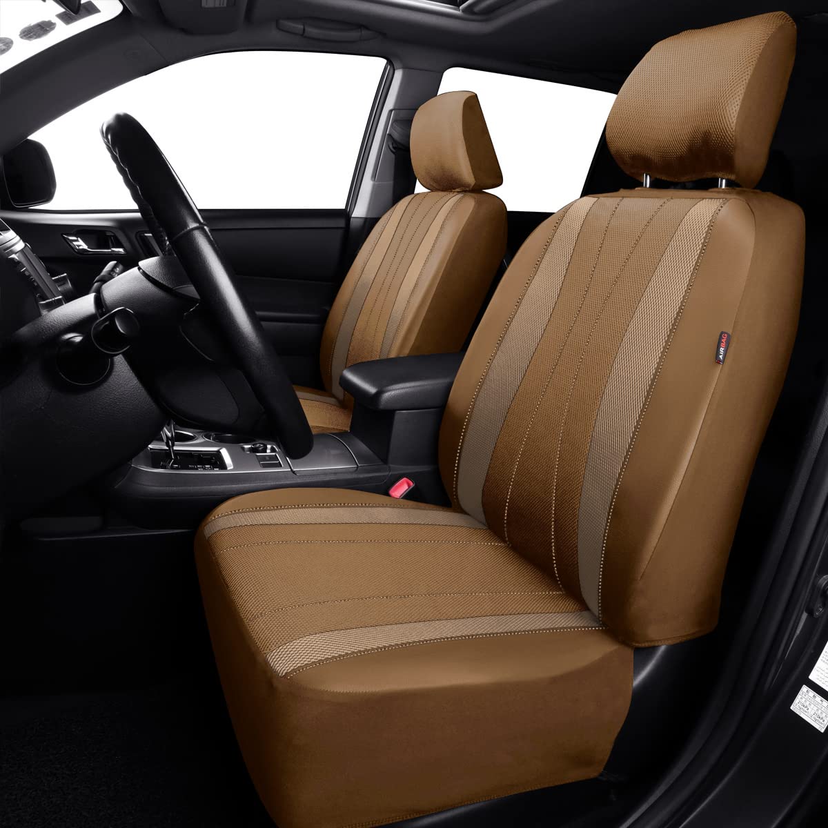 Flying Banner Car Seat Covers Full Set Faux Leather Air Mesh Breathable Man Lady Airbag Compatible Rear Bench Split 40/60 50/50 60/40 Truck Pick Up (Full Set - Low Back, Solid Beige)