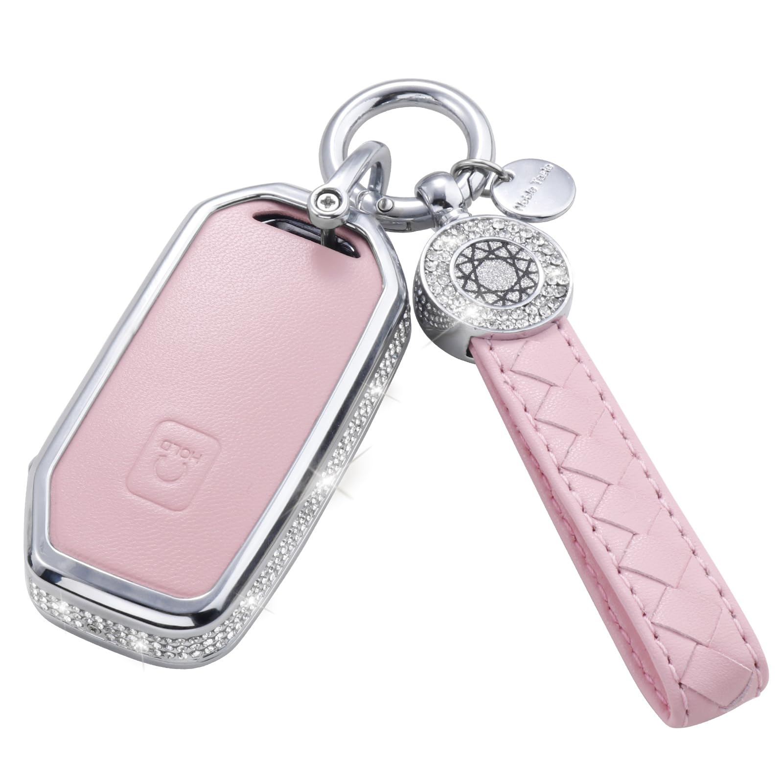 Ruabiban For Kia Key Fob Cover With Keychain, Pink Leather Crystal Key Case Protection Shell Compatible With Cerato Ceed Forte N