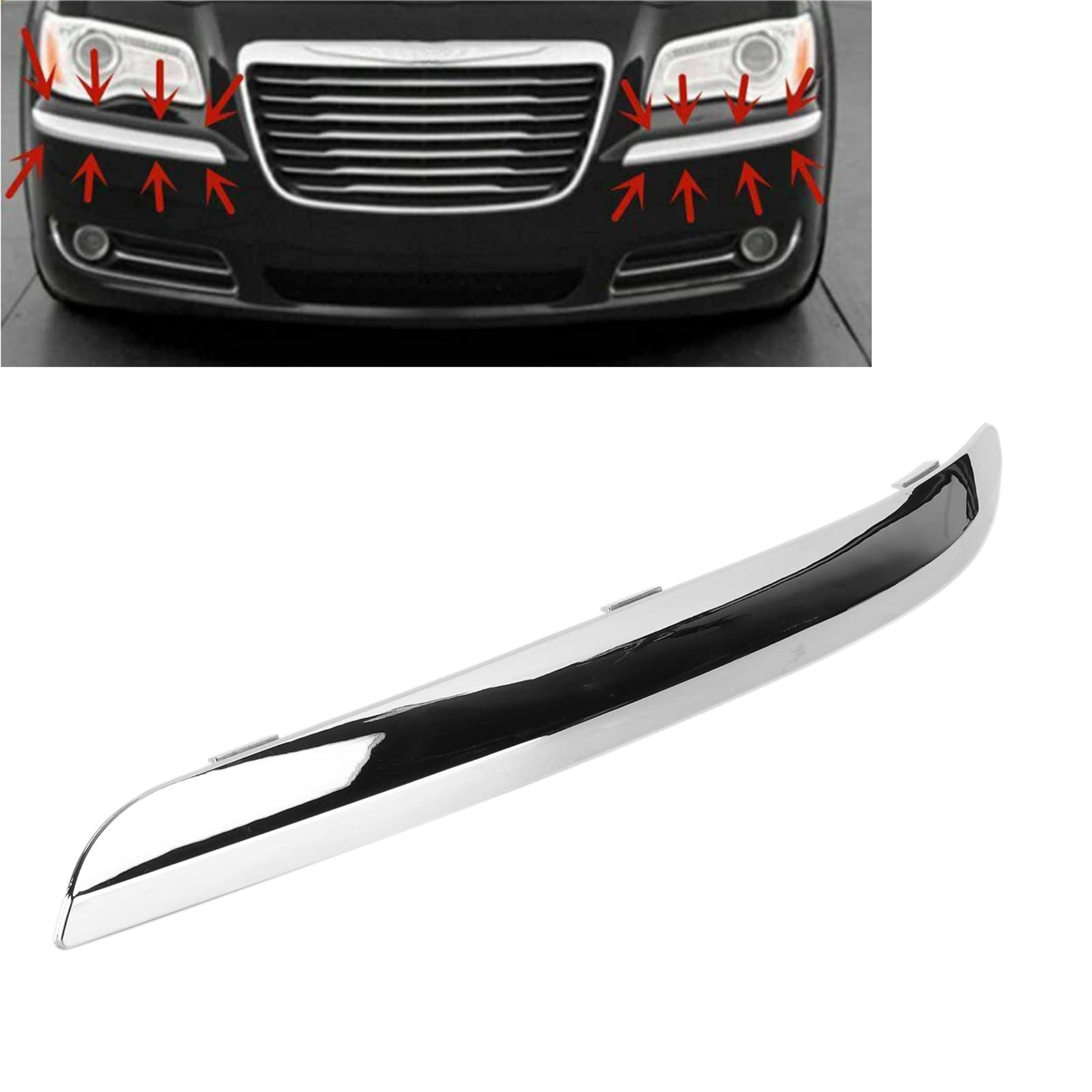 Front Bumper Molding, Qiilu Front Bumper Molding, Chrome Front Bumper Molding Trim Left Side Replacement For Chrysler 300 68127941Ab