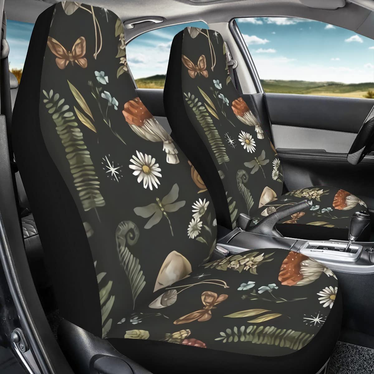 Fuibeng Mushroom Car Seat Covers,2 Pcs,Daisy Dragonfly Butterflies Mushroom Auto Seat Cover Pad For Front,Universal Elastic Vehi
