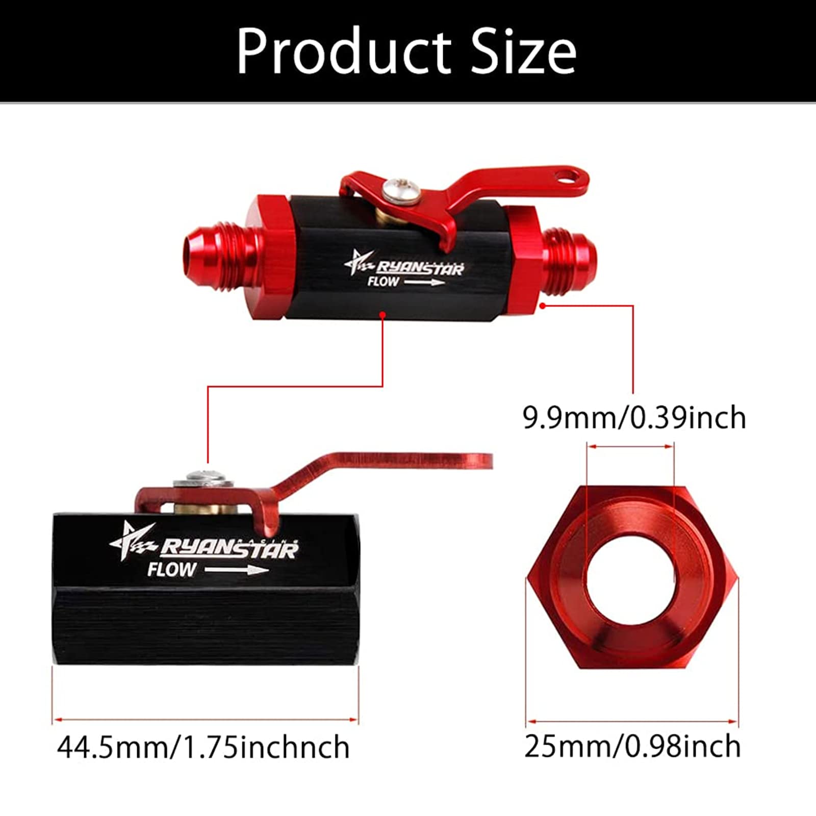 Ryanstar AN6 Fuel Shut Off Valve 6AN to 6AN Male Fitting Aluminum Anodized Black&Red