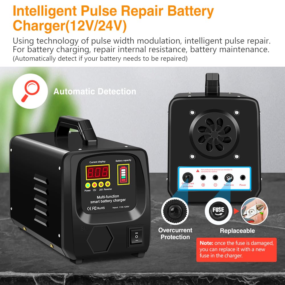 Outerman Car Battery Charger,24V/12V Fully-Automatic Battery Charger for Lead-Acid Batteries,Fast Charging Battery Maintainer/Tr