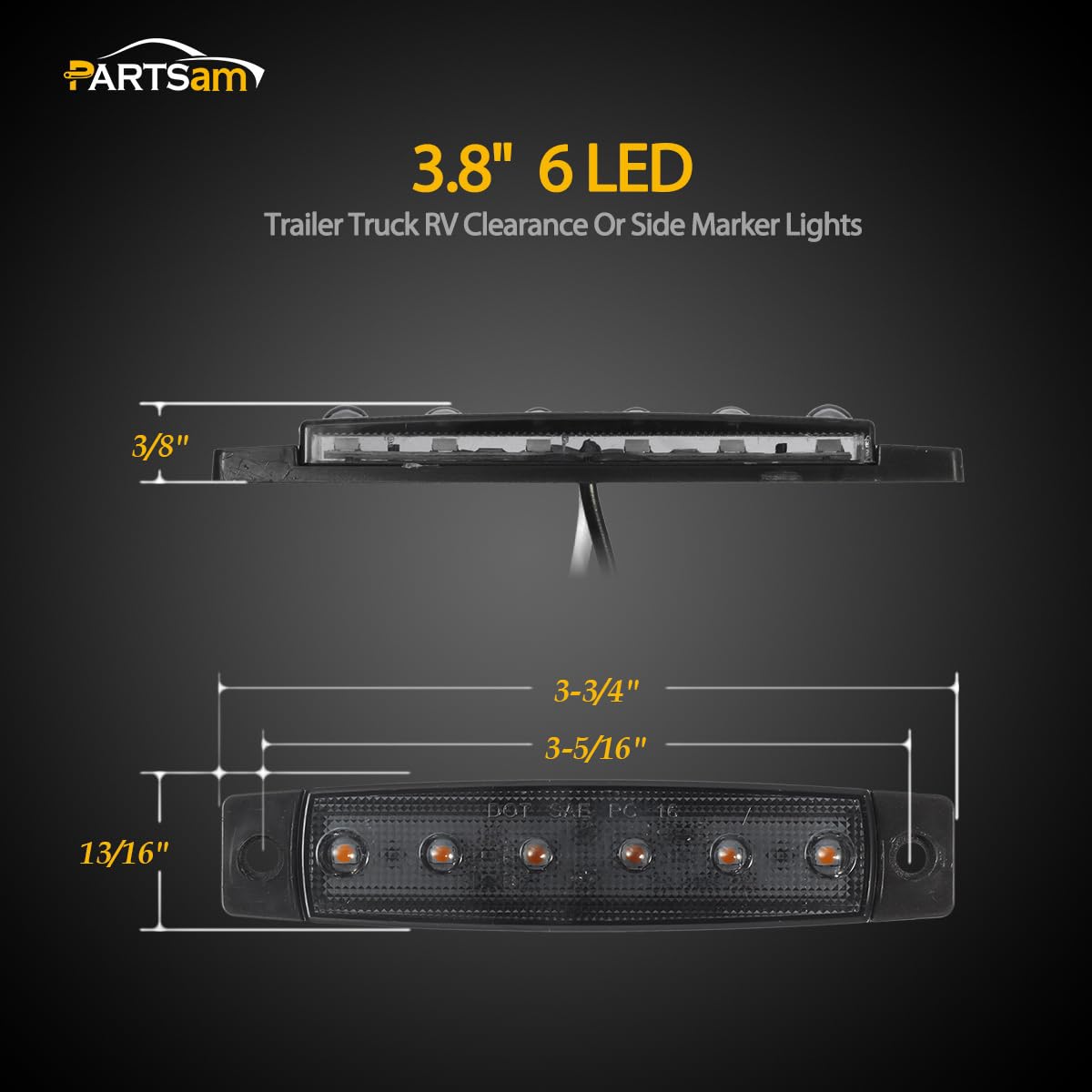 Partsam 10Pcs 3.8'' Thin Amber 6Led Side Marker Clearance Lights Grill Lights Strip Indicators For 12V Trailer Lorry Van Trucks