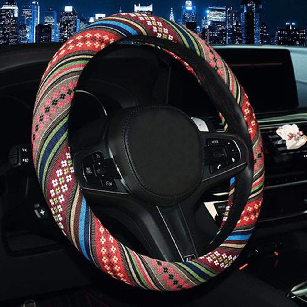Shiawasena Car Steering Wheel Cover, Coarse Flax Cloth, Ethnic Style, Universal 15 Inch Fit, Anti-Slip Sweat-Absorbent (F#)