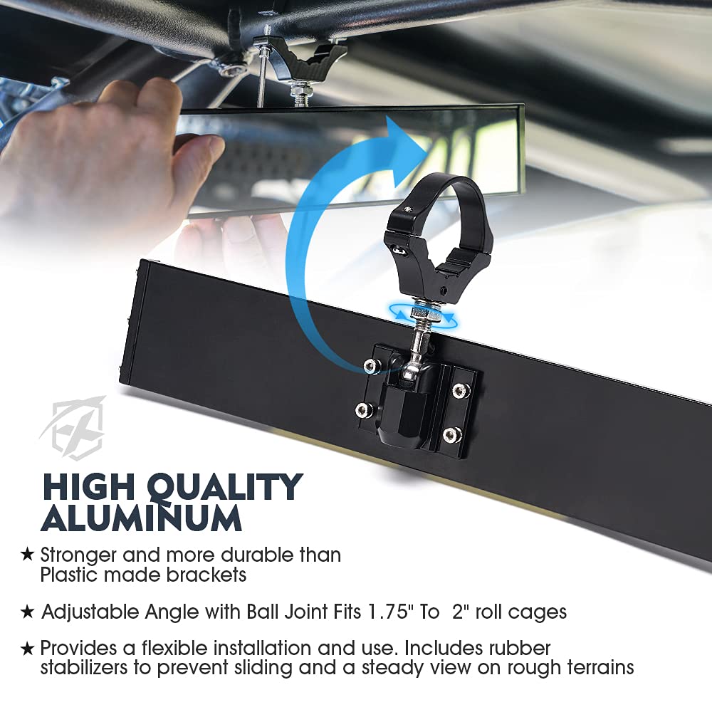 Xprite 13'' Aluminum UTV Rear View Center Mirror w/Interior Lights, Curved Rearview Mirror fits 1.75'' - 2'' Mount for Polaris R