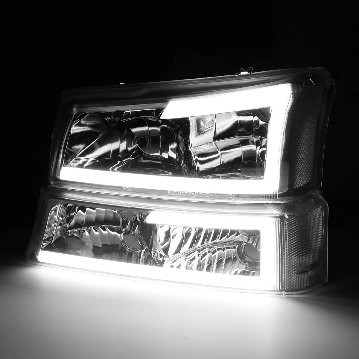 DNA MOTORING 3D LED DRL Headlight Bumper Lamp Set, Chrome, Model HL-LB-CSIL03-CH-CL1, Compatible with 03-06 Silverado/Avalanche