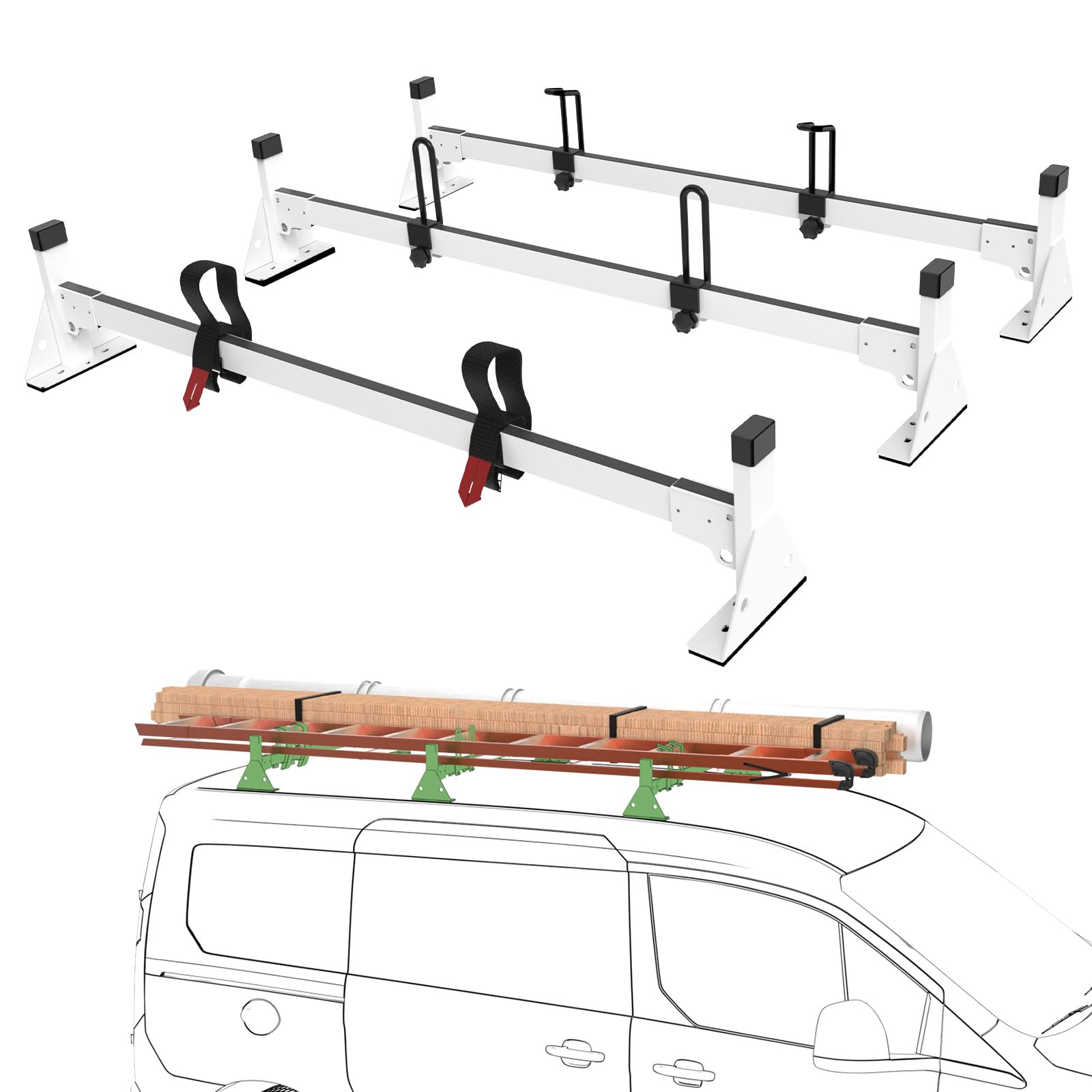 StarONE 46'' Van Ladder Rack,Van Roof Rack Fit for 2014-On Ford Transit Connect,White,3 Bars,750lbs