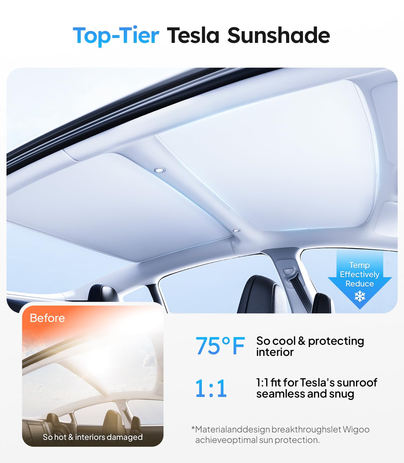 Wigoo Tesla Model 3 Sunshade Roof [Never Sag, Nano Ice-Crystal Coatings] 3-Gen Heat Insulation Glass Roof Sun Shade, Accessories