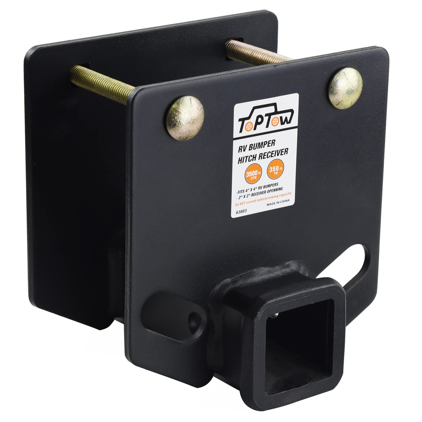 TOPTOW RV Bumper Hitch Receiver 2" Adapter, 3500 LBS Capacity, Fits 4" Square Bumpers, Alloy Steel, Black, Model TTRV801
