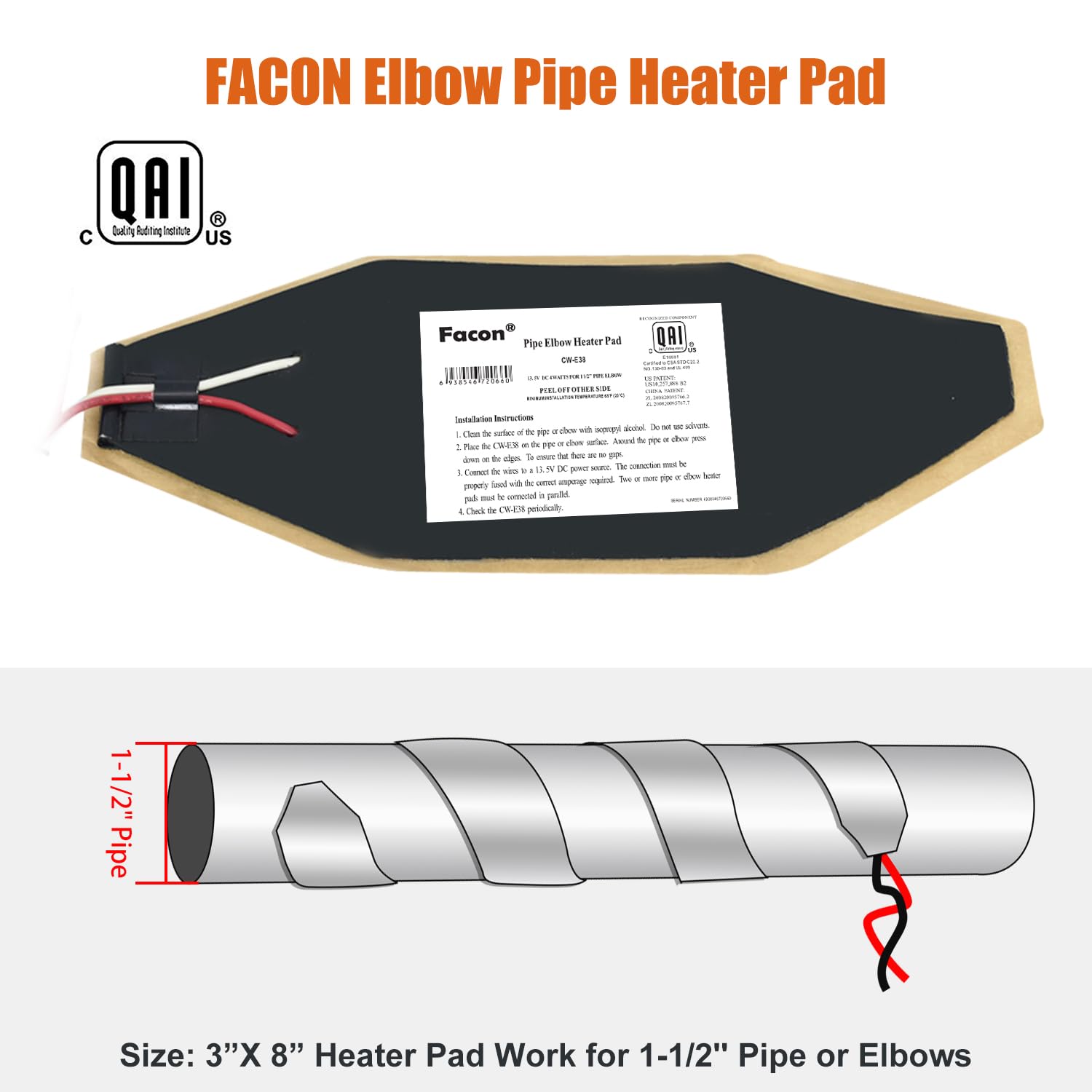 Facon 3'' X 8'' Rv Elbow Pipe Heater Pad, Work For 1-1/2'' Elbow Pipe, 3Packs 12V Tank Heater Pad, For Rv, Camper, Travel Traile
