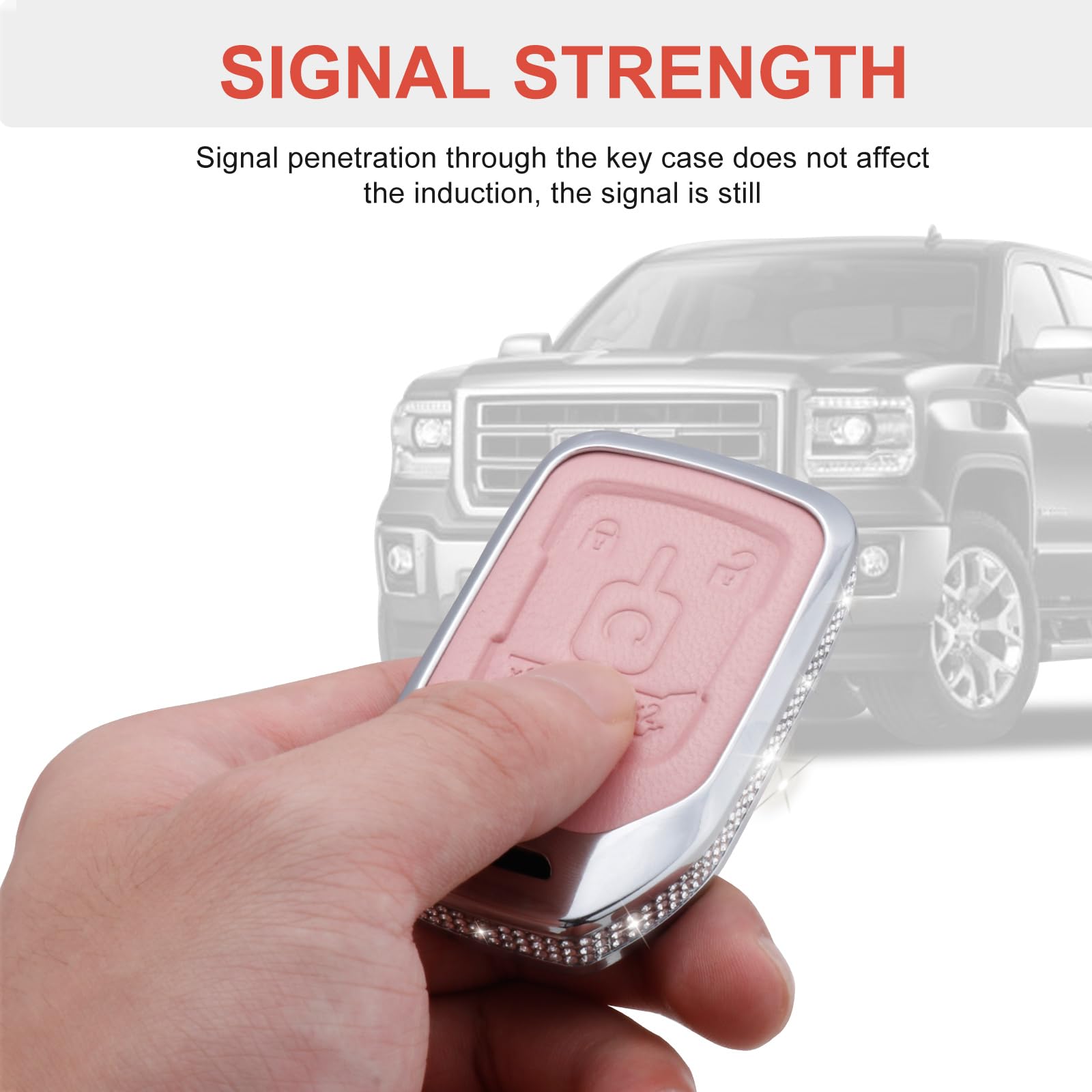 Ruabiban For Gmc Key Fob Cover With Keychain, Pink Leather Crystal Key Case Protection Shell Compatible With Chevy Chevrolet Gmc