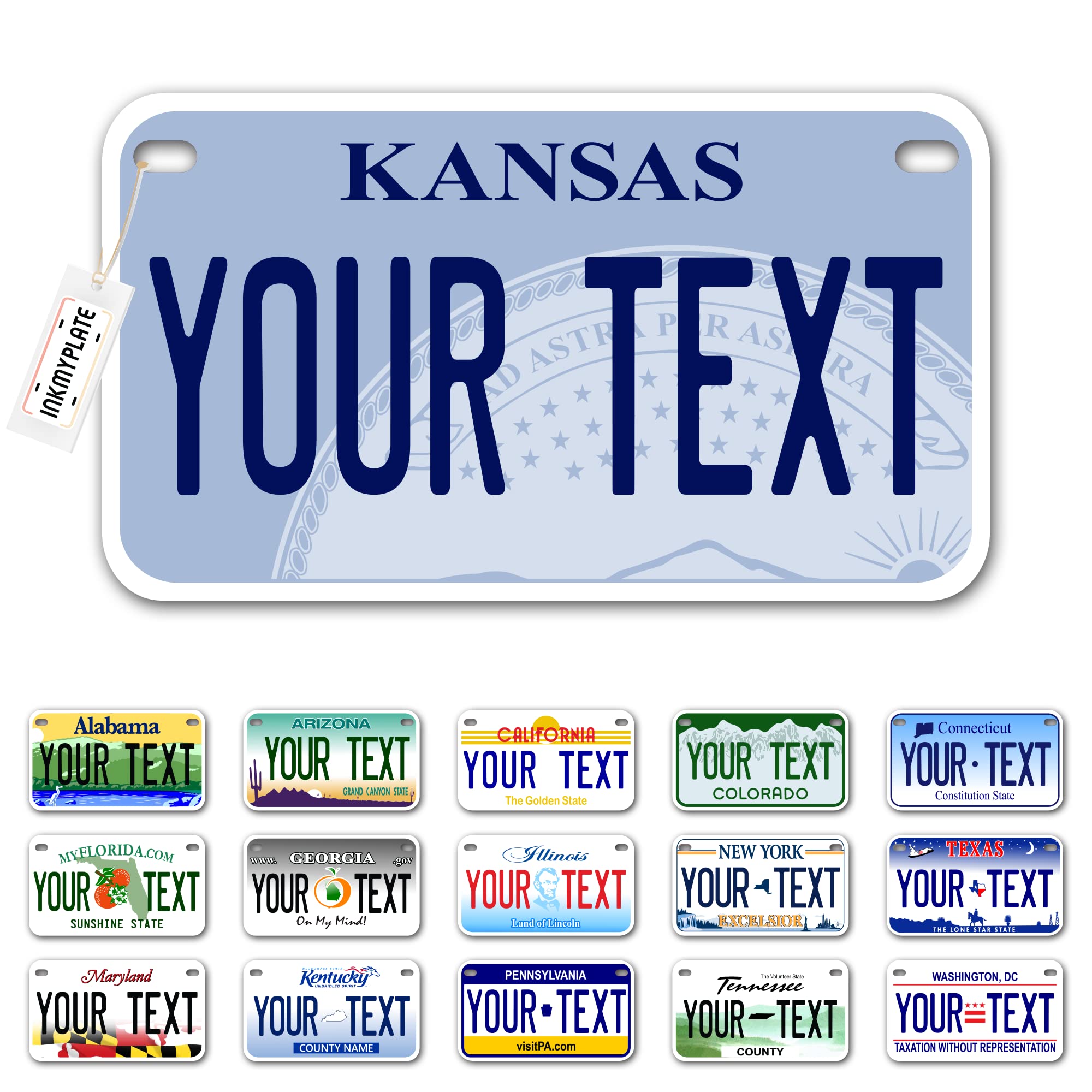 Inkmyplate Personalized Kansas Small License Plate | Motorcycle 7X4 In | 3 Sizes | Custom License Plates For Kids Bicycles | Power Wheels | Wagons | Atv | Usa Thick .040 Aluminum