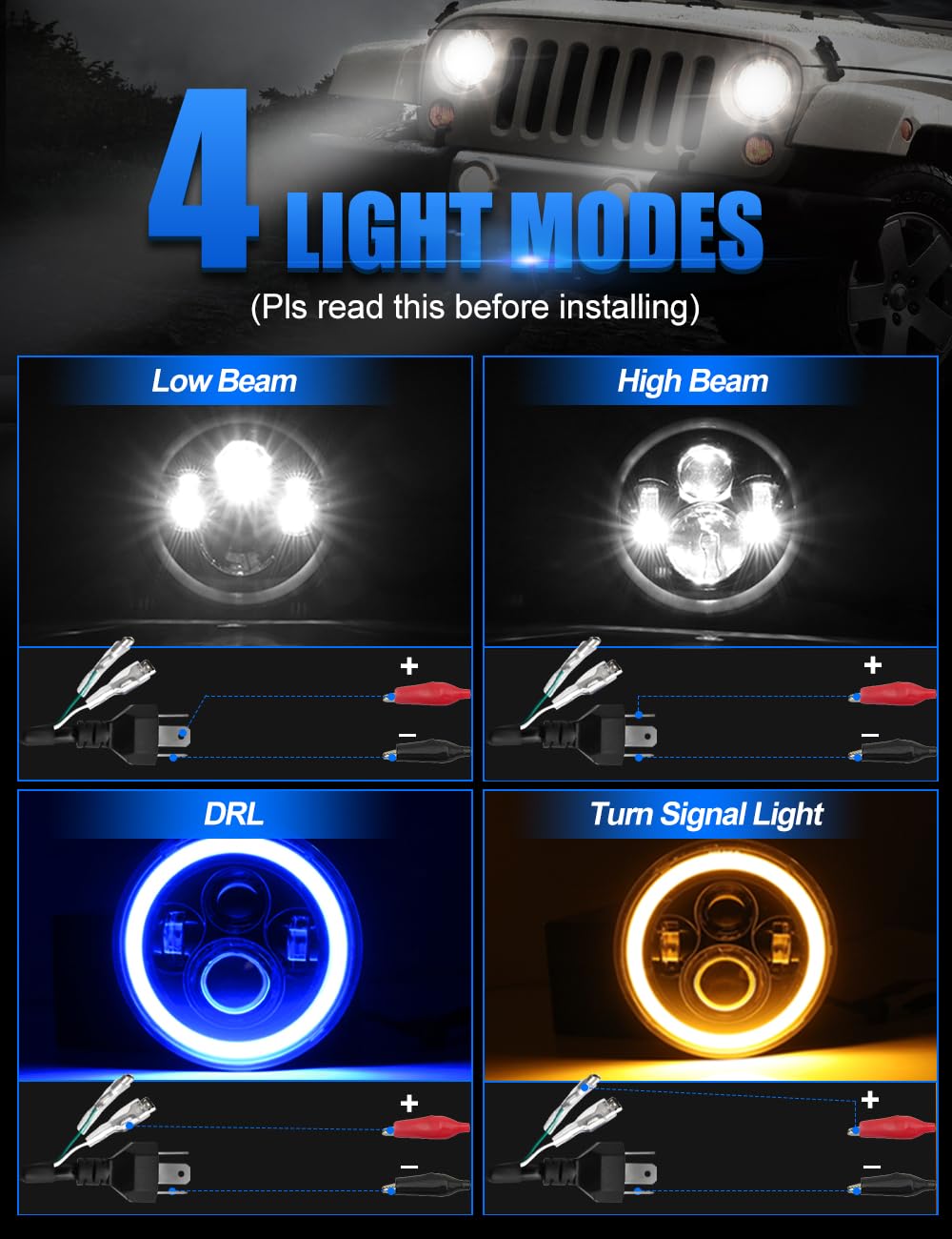 Uni-Shine 7 Inch Led Headlight, Round H6024 Led Headlight Blue Halo Headlight Running Amber Turn Signal Seal Beam 7'' Round Head