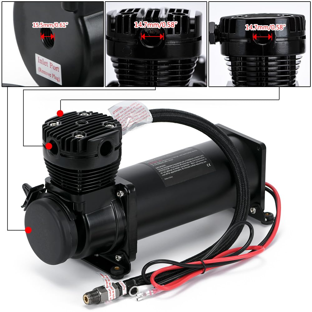 PTNHZ 1/4 NPT DC 12V Air Bag Suspension Compressor Pump Ride Kit - 480c 200 PSI for Auto/Motorcycle
