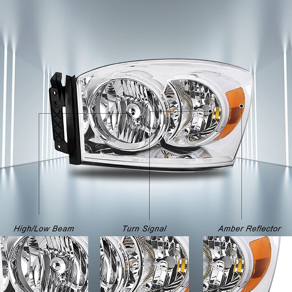 Sockir Headlight Assembly Compatible With 06 07 08 Dodge Ram 1500/06 07 08 09 Ram 2500 3500 Pickup Passenger And Driver Side, Chrome Housing & Amber Reflector
